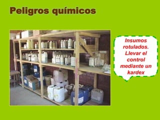 Peligros químicos

Insumos
rotulados.
Llevar el
control
mediante un
kardex

 