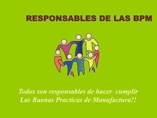 RESPONSABLES DE LAS BPM

Todos son responsables de hacer cumplir
Las Buenas Practicas de Manufactura!!

 