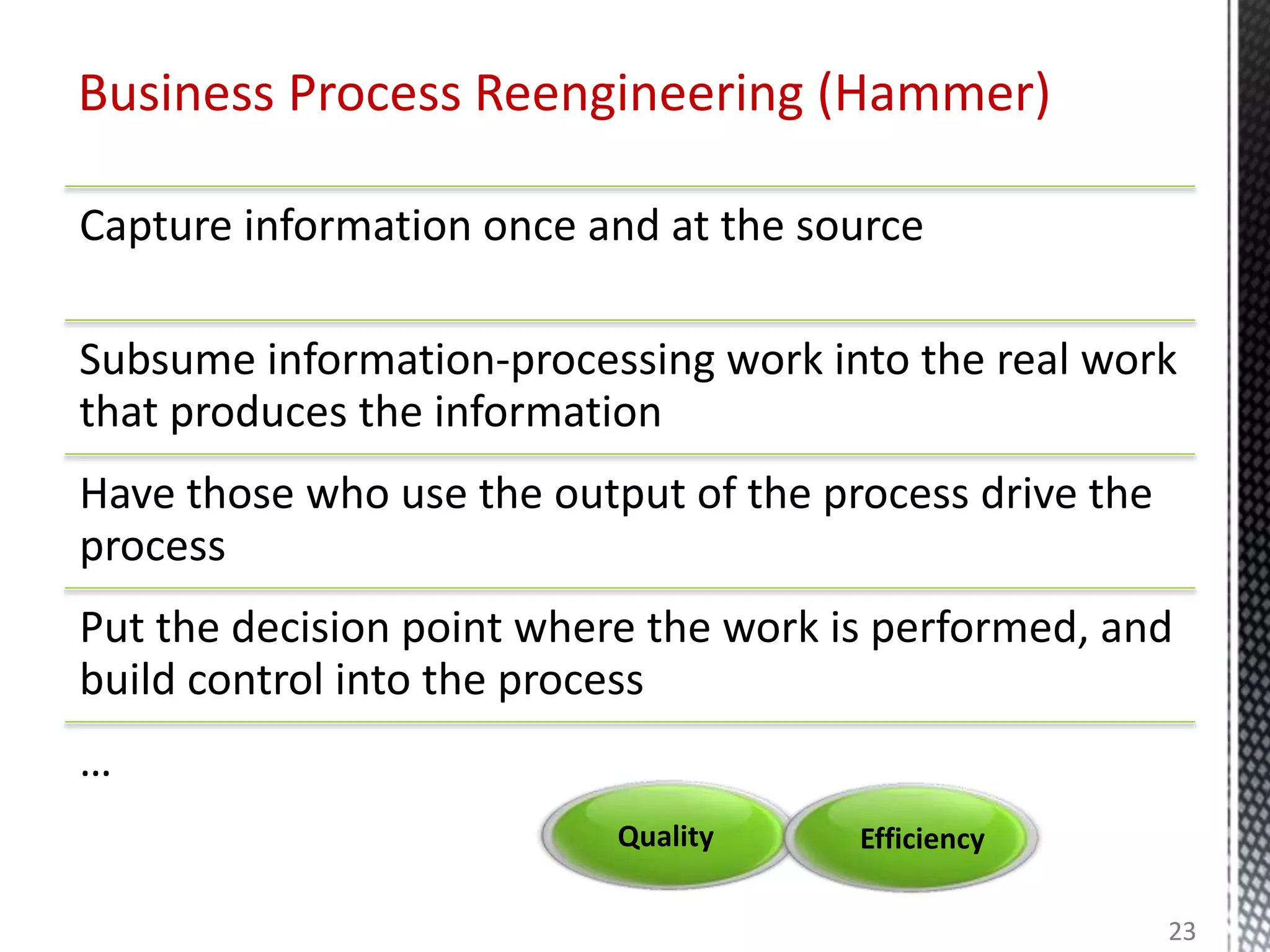 Capture information once and at the source
Subsume information-processing work into the real work
that produces the information
Have those who use the output of the process drive the
process
Put the decision point where the work is performed, and
build control into the process
…
Business Process Reengineering (Hammer)
23
Quality Efficiency
 