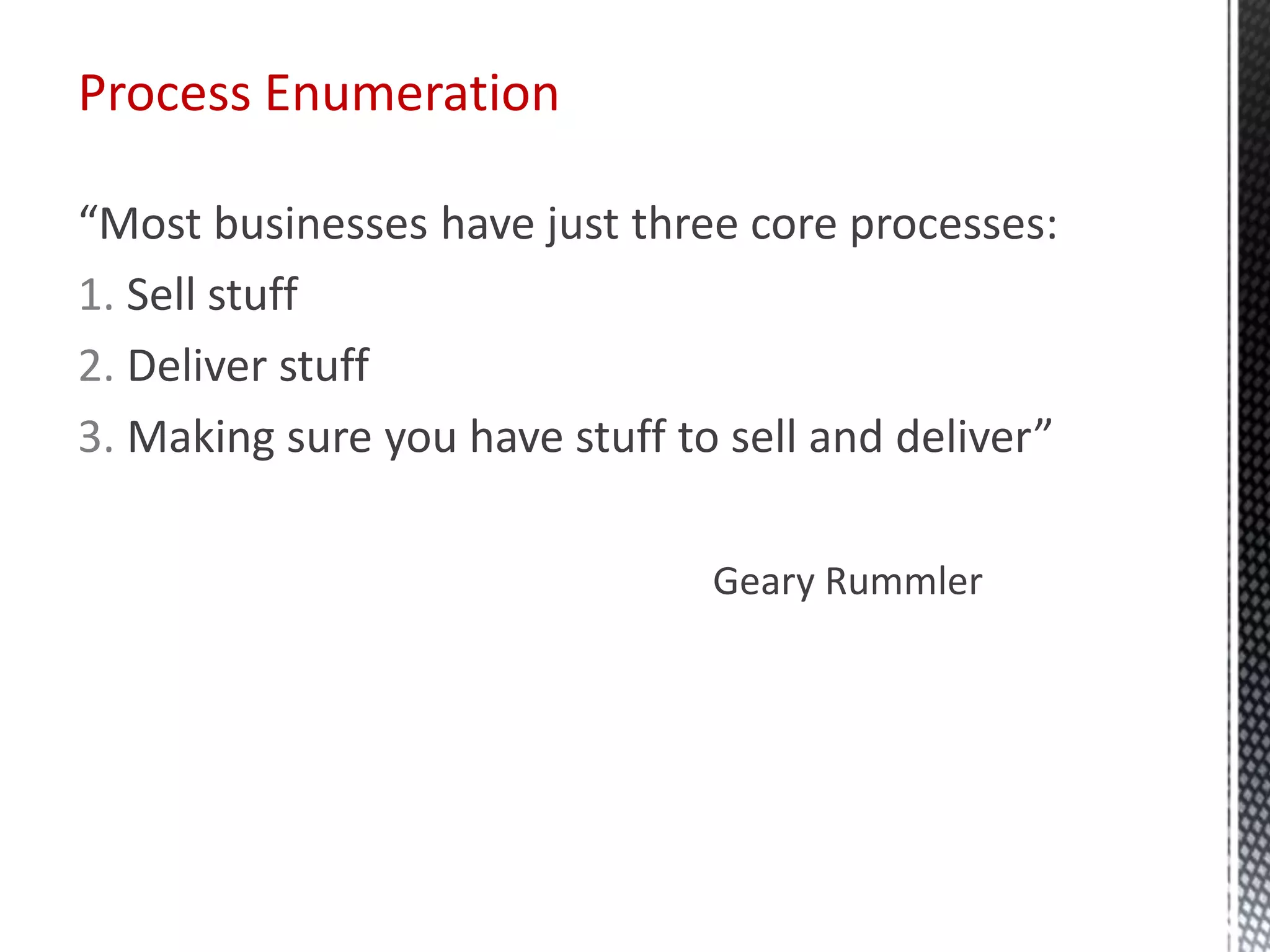 Process Enumeration
“Most businesses have just three core processes:
1. Sell stuff
2. Deliver stuff
3. Making sure you have stuff to sell and deliver”
Geary Rummler
 