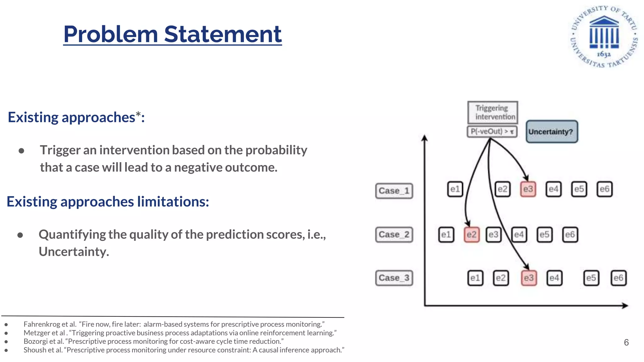 Existing approaches*:
● Trigger an intervention based on the probability
that a case will lead to a negative outcome.
Existing approaches limitations:
● Quantifying the quality of the prediction scores, i.e.,
Uncertainty.
● Fahrenkrog et al. “Fire now, fire later: alarm-based systems for prescriptive process monitoring.”
● Metzger et al . “Triggering proactive business process adaptations via online reinforcement learning.”
● Bozorgi et al. “Prescriptive process monitoring for cost-aware cycle time reduction.”
● Shoush et al. “Prescriptive process monitoring under resource constraint: A causal inference approach.”
Problem Statement
6
 