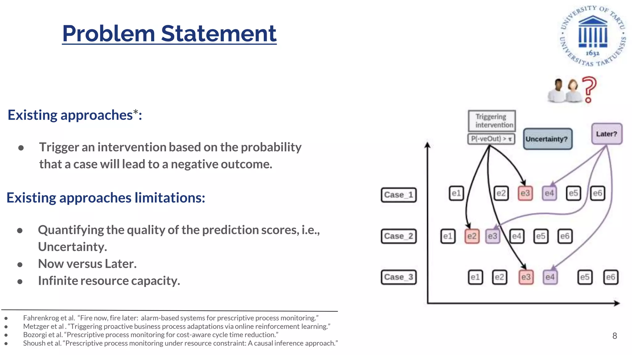 Existing approaches*:
● Trigger an intervention based on the probability
that a case will lead to a negative outcome.
Existing approaches limitations:
● Quantifying the quality of the prediction scores, i.e.,
Uncertainty.
● Now versus Later.
● Infinite resource capacity.
● Fahrenkrog et al. “Fire now, fire later: alarm-based systems for prescriptive process monitoring.”
● Metzger et al . “Triggering proactive business process adaptations via online reinforcement learning.”
● Bozorgi et al. “Prescriptive process monitoring for cost-aware cycle time reduction.”
● Shoush et al. “Prescriptive process monitoring under resource constraint: A causal inference approach.”
Problem Statement
8
 
