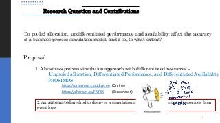 Research Question and Contributions
Do pooled allocation, undifferentiated performance and availability affect the accuracy
of a business process simulation model, and if so, to what extent?
1. A business process simulation approach with differentiated resources –
Unpooled allocation, Differentiated Performance, and Differentiated Availability
PROSIMOS
2. An automated method to discover a simulation model with differentiated resources from
event logs
Proposal
https://prosimos.cloud.ut.ee (Online)
https://shorturl.at/FNPS9 (Screencast)
5
 