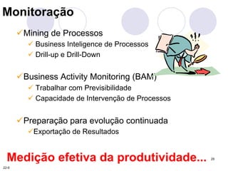 29 
Monitoração 
! Mining de Processos 
! Business Inteligence de Processos 
! Drill-up e Drill-Down 
! Business Activity Monitoring (BAM) 
! Trabalhar com Previsibilidade 
! Capacidade de Intervenção de Processos 
! Preparação para evolução continuada 
! Exportação de Resultados 
Med ição efetiva da produtividade... 
22-9 
 