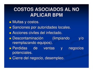 COSTOS ASOCIADOS AL NO
     APLICAR BPM
Multas y costos.
Sanciones por autoridades locales.
Acciones civiles del infectado.
Descontaminación         (limpiando     y/o
reemplazando equipos).
Perdidas     de    ventas     y    negocios
potenciales.
Cierre del negocio, desempleo.
 