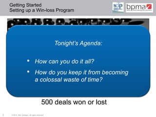 Getting Started
    Setting up a Win-loss Program




                                               Tonight’s Agenda:


                      •         How can you do it all?
                      •         How do you keep it from becoming
                                a colossal waste of time?
                                              1 of you
                                           50 sales reps
                                        500 deals won or lost
2   © 2012 Ken Schwarz. All rights reserved.
 