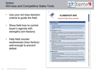 Action
     Win-loss and Competitive Sales Tools


      Use your win-loss decision
       criteria to guide the field.

      Show field how to control
       buyer’s agenda with
       strengths (win-factors)

      Help field counter
       weaknesses (loss factors)
       well enough to prevent
       defeat




21    © 2012 Ken Schwarz. All rights reserved.
 