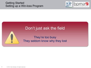 Getting Started
    Setting up a Win-loss Program




                                           Don’t just ask the field

                                             They’re too busy
                                      They seldom know why they lost




5   © 2012 Ken Schwarz. All rights reserved.
 