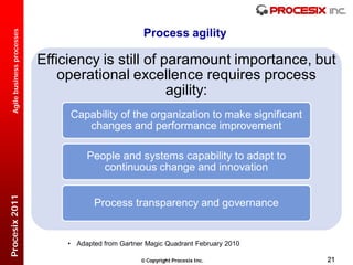 Process agility
  Agile business processes




                             Efficiency is still of paramount importance, but
                                 operational excellence requires process
                                                     agility:
                                  Capability of the organization to make significant
                                     changes and performance improvement

                                      People and systems capability to adapt to
                                         continuous change and innovation
Procesix 2011




                                        Process transparency and governance


                                 • Adapted from Gartner Magic Quadrant February 2010

                                                       Copyright Procesix Inc.        21
 