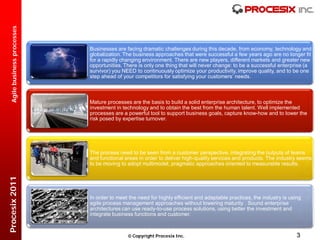 Agile business processes




                             Businesses are facing dramatic challenges during this decade, from economy, technology and
                             globalization. The business approaches that were successful a few years ago are no longer fit
                             for a rapidly changing environment. There are new players, different markets and greater new
                             opportunities. There is only one thing that will never change: to be a successful enterprise (a
                             survivor) you NEED to continuously optimize your productivity, improve quality, and to be one
                             step ahead of your competitors for satisfying your customers’ needs.



                             Mature processes are the basis to build a solid enterprise architecture, to optimize the
                             investment in technology and to obtain the best from the human talent. Well implemented
                             processes are a powerful tool to support business goals, capture know-how and to lower the
                             risk posed by expertise turnover.




                             The process need to be seen from a customer perspective, integrating the outputs of teams
                             and functional areas in order to deliver high-quality services and products. The industry seems
                             to be moving to adopt multimodel, pragmatic approaches oriented to measurable results.
Procesix 2011




                             In order to meet the need for highly efficient and adaptable practices, the industry is using
                             agile process management approaches without lowering maturity . Sound enterprise
                             architectures can use ready-to-use process solutions, using better the investment and
                             integrate business functions and customer.



                                              Copyright Procesix Inc.                                                  3
 