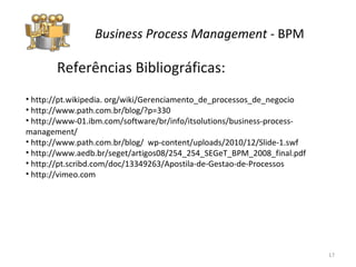 Business Process Management  -  BPM Referências Bibliográficas: http://pt.wikipedia. org/wiki/Gerenciamento_de_processos_de_negocio http://www.path.com.br/blog/?p=330 http://www-01.ibm.com/software/br/info/itsolutions/business-process-management/ http://www.path.com.br/blog/  wp-content/uploads/2010/12/Slide-1.swf  http://www.aedb.br/seget/artigos08/254_254_SEGeT_BPM_2008_final.pdf http://pt.scribd.com/doc/13349263/Apostila-de-Gestao-de-Processos http://vimeo.com  