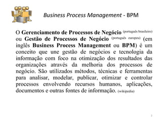 Business Process Management  -  BPM O  Gerenciamento de Processos de Negócio   (português brasileiro)  ou  Gestão de Processos de Negócio  (português europeu)  (em inglês   Business Process Management  ou  BPM ) é um conceito que une gestão de negócios e tecnologia da informação com foco na otimização dos resultados das organizações através da melhoria dos processos de negócio. São utilizados métodos, técnicas e ferramentas para analisar, modelar, publicar, otimizar e controlar processos envolvendo recursos humanos, aplicações, documentos e outras fontes de informação.  (wikipedia) 