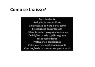 Como se faz isso?
                    Foco do cliente
               Redução de desperdícios
         Simplificação do fluxo de trabalho
              Estabilização dos processos
        Utilização de tecnologias apropriadas
         Definição clara de papéis, regras e
                  responsabilidades
               Profissionais capacitados
         Visão interfuncional ponta-a-ponta
      Construção de uma cultura organizacional
 