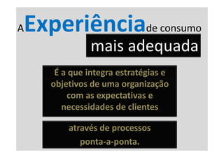 A   Experiênciade consumo
                 mais adequada
        É a que integra estratégias e
       objetivos de uma organização
           com as expectativas e
          necessidades de clientes

           através de processos
              ponta-a-ponta.
 