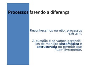 Processos fazendo a diferença


          Reconheçamos ou não, processos
                                existem:

           A questão é se vamos gerenciá-
             los de maneira sistemática e
              estruturada ou permitir que
                         fluam livremente.
 