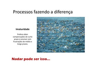 Processos fazendo a diferença


   Imaturidade
     Prefere obter
compensações de curto
 prazo e conviver com
frustrações de médio e
     longo prazos.




Nadar pode ser isso...
 