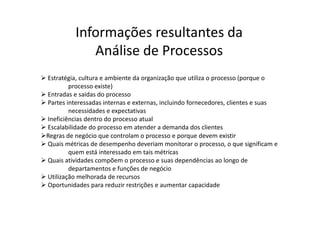 Informações resultantes da
             Análise de Processos
Estratégia, cultura e ambiente da organização que utiliza o processo (porque o
        processo existe)
Entradas e saídas do processo
Partes interessadas internas e externas, incluindo fornecedores, clientes e suas
        necessidades e expectativas
Ineficiências dentro do processo atual
Escalabilidade do processo em atender a demanda dos clientes
Regras de negócio que controlam o processo e porque devem existir
Quais métricas de desempenho deveriam monitorar o processo, o que significam e
        quem está interessado em tais métricas
Quais atividades compõem o processo e suas dependências ao longo de
        departamentos e funções de negócio
Utilização melhorada de recursos
Oportunidades para reduzir restrições e aumentar capacidade
 