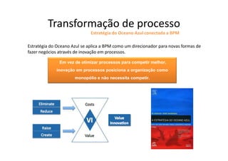 Transformação de processo
                              Estratégia do Oceano Azul conectada a BPM

Estratégia do Oceano Azul se aplica a BPM como um direcionador para novas formas de
fazer negócios através de inovação em processos.

               Em vez de otimizar processos para competir melhor,
             inovação em processos posiciona a organização como
                      monopólio e não necessita competir.
 