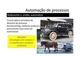 Automação de processos
Redesenhe e, então, automatize
Crucial aplicar princípios de
desenho de processo,
benchmarking, melhores práticas e
pensamento Lean antes de
automatizar.

           Atenção!
  Tecnologia nem sempre é
   a solução para qualquer
          problema
 