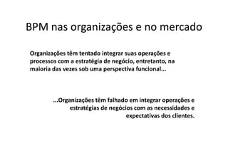 BPM nas organizações e no mercado

Organizações têm tentado integrar suas operações e
processos com a estratégia de negócio, entretanto, na
maioria das vezes sob uma perspectiva funcional...



        ...Organizações têm falhado em integrar operações e
               estratégias de negócios com as necessidades e
                                    expectativas dos clientes.
 