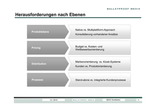 Herausforderungen nach Ebenen


                                 Native vs. Multiplattform-Approach
      Produktebene
                                 Konsolidierung vorhandener Ansätze




      Pricing                    Budget vs. Kosten- und
                                 Wettbewerbsorientierung



                                 Markenorientierung vs. Kiosk-Systeme
      Distribution
                                 Kunden vs. Produktorientierung




      Prozesse                   Stand-alone vs. integrierte Kundenprozesse




                     12 / 2010                             BDZV Konferenz     16
 
