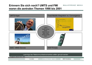 Erinnern Sie sich noch? UMTS und FMI
waren die zentralen Themen 1998 bis 2001

UMTS-Hype                                                            Fixed Mobile Integration vs. Convergence




                                                              UMTS
                                                           Wallet Garden
                                                              iMode
                                                           MMS-Dienste
                                                            SMS-Ticker
                                                           Mobile Portale
                                                               WAP




SMS / MMS-Dienste                                                    WAP-Portale


                                 Learnings des Telekommunikationsmarktes sollten genutzt werden
© spiegel.de, fotolia.de Genion, Nokia

                                         12 / 2010                                     BDZV Konferenz           2
 