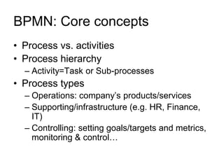 BPMN: Core concepts 
•Process vs. activities 
•Process hierarchy 
–Activity=Task or Sub-processes 
•Process types 
–Operations: company’s products/services 
–Supporting/infrastructure (e.g. HR, Finance, IT) 
–Controlling: setting goals/targets and metrics, monitoring & control…  