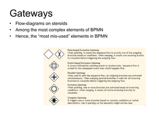 Gateways 
•Flow-diagrams on steroids 
•Among the most complex elements of BPMN 
•Hence, the “most mis-used” elements in BPMN  