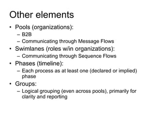 Other elements 
•Pools (organizations): 
–B2B 
–Communicating through Message Flows 
•Swimlanes (roles w/in organizations): 
–Communicating through Sequence Flows 
•Phases (timeline): 
–Each process as at least one (declared or implied) phase 
•Groups: 
–Logical grouping (even across pools), primarily for clarity and reporting  
