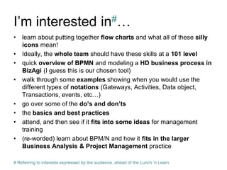 I’m interested in#… 
•learn about putting together flow charts and what all of these silly icons mean! 
•Ideally, the whole team should have these skills at a 101 level 
•quick overview of BPMN and modeling a HD business process in BizAgi (I guess this is our chosen tool) 
•walk through some examples showing when you would use the different types of notations (Gateways, Activities, Data object, Transactions, events, etc…) 
•go over some of the do’s and don’ts 
•the basics and best practices 
•attend, and then see if it fits into some ideas for management training 
•(re-worded) learn about BPM/N and how it fits in the larger Business Analysis & Project Management practice 
# Referring to interests expressed by the audience, ahead of the Lunch ‘n Learn  