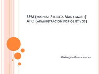 BPM (BUSINESS PROCESS MANAGMENT)
APO (ADMINISTRACIÓN POR OBJETIVOS)

Mariangela Cano Jiménez

 