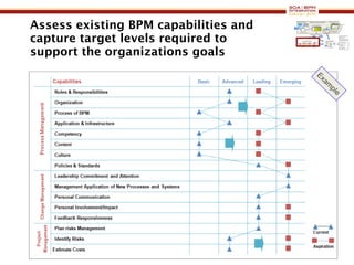Assess existing BPM capabilities and capture target levels required to support the organizations goals Example 