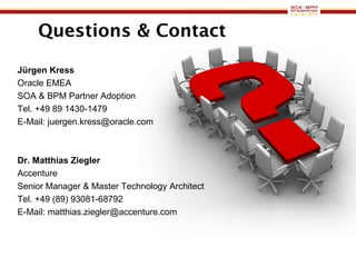Questions & Contact Jürgen Kress Oracle EMEA SOA & BPM Partner Adoption Tel. +49 89 1430-1479 E-Mail: juergen.kress@oracle.com Dr. Matthias Ziegler Accenture Senior Manager & Master Technology Architect Tel. +49 (89) 93081-68792 E-Mail: matthias.ziegler@accenture.com 