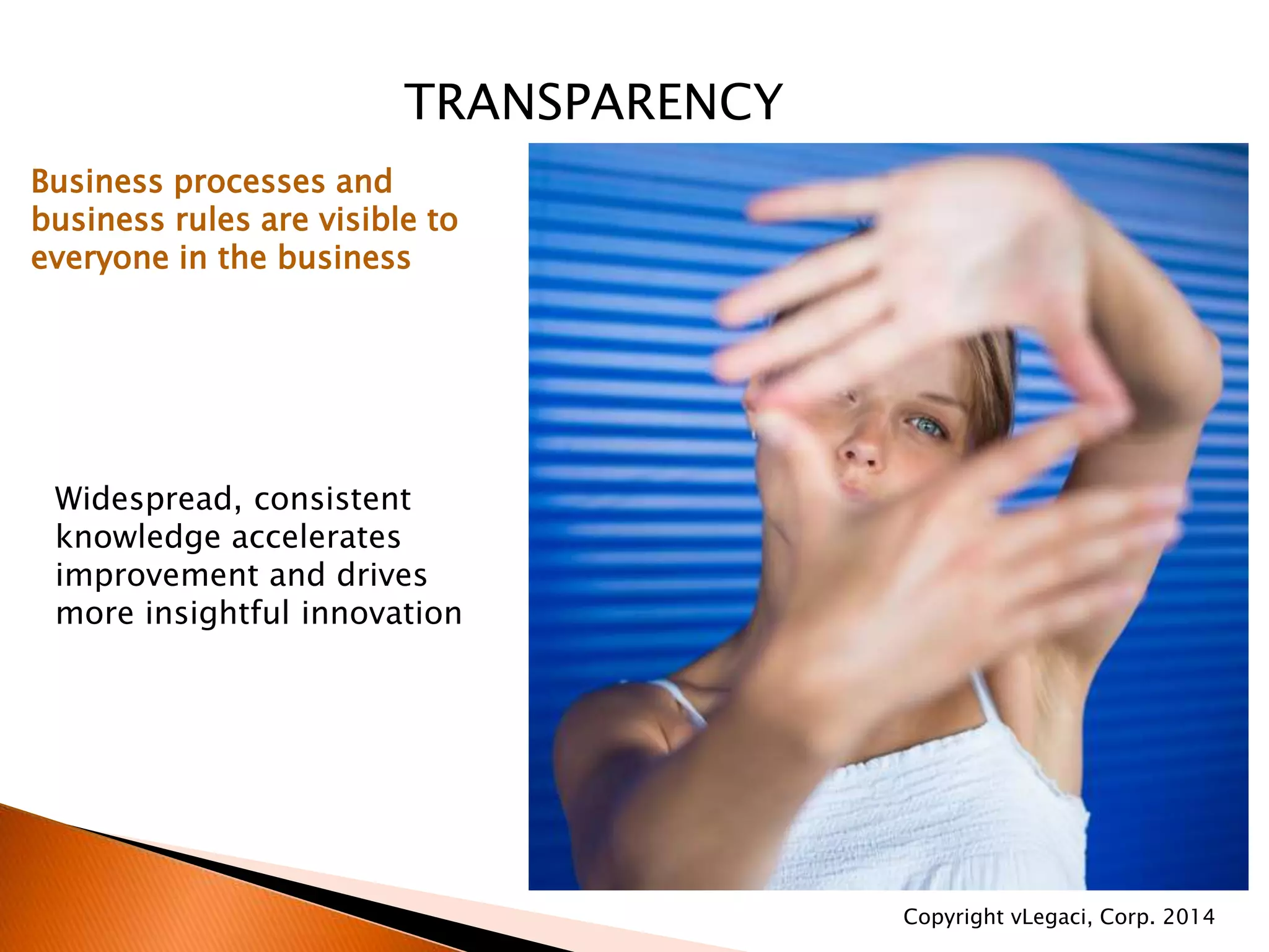 TRANSPARENCY
Widespread, consistent
knowledge accelerates
improvement and drives
more insightful innovation
Business processes and
business rules are visible to
everyone in the business
Copyright vLegaci, Corp. 2014
 