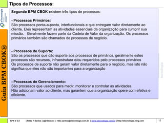 Tipos de Processos:
                  Segundo BPM CBOK existem três tipos de processos:

                  - Processos Primários:
                  São processos ponta-a-ponta, interfuncionais e que entregam valor diretamente ao
                  cliente. Eles representam as atividades essenciais da organização para cumprir sua
                  missão. Geralmente fazem parte da Cadeia de Valor da organização. Os processos
                  primários também são chamados de processos de negócio.
Guia BPM CBOK®




                  - Processos de Suporte:
                  São os processos que dão suporte aos processos de primários, geralmente estes
                  processos são recursos, infraestrutura e/ou requeridos pelo processos primários
                  Os processos de suporte não geram valor diretamente para o negócio, mas isto não
                  significa que eles não são importantes para a organização


                  - Processos de Gerenciamento:
                  São processos que usados para medir, monitorar e controlar as atividades.
                  Não adicionam valor ao cliente, mas garantem que a organização opere com efetiva e
                  eficiente.




                 APN V 3.0   | Rildo F Santos | (@rildosan) | rildo.santos@etecnologia.com.br | www.etecnologia.com.br | http://etecnologia.ning.com   12
 