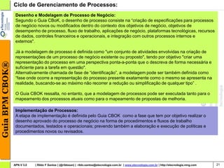 Ciclo de Gerenciamento de Processos:
                  Desenho e Modelagem de Processo de Negócio:
                  Segundo o Guia CBoK, o desenho de processo consiste na “criação de especificações para processos
                  de negócio novos ou modificados dentro do contexto dos objetivos de negócio, objetivos de
                  desempenho de processo, fluxo de trabalho, aplicações de negócio, plataformas tecnológicas, recursos
                  de dados, controles financeiros e operacionais, e integração com outros processos internos e
                  externos".

                  Já a modelagem de processo é definida como "um conjunto de atividades envolvidas na criação de
                  representações de um processo de negócio existente ou proposto", tendo por objetivo "criar uma
                  representação do processo em uma perspectiva ponta-a-ponta que o descreva de forma necessária e
Guia BPM CBOK®




                  suficiente para a tarefa em questão".
                  Alternativamente chamada de fase de “identificação”, a modelagem pode ser também definida como
                  “fase onde ocorre a representação do processo presente exatamente como o mesmo se apresenta na
                  realidade, buscando-se ao máximo não recorrer a redução ou simplificação de qualquer tipo” .

                  O Guia CBOK ressalta, no entanto, que a modelagem de processos pode ser executada tanto para o
                  mapeamento dos processos atuais como para o mapeamento de propostas de melhoria.

                  Implementação de Processos:
                  A etapa de implementação é definida pelo Guia CBOK como a fase que tem por objetivo realizar o
                  desenho aprovado do processo de negócio na forma de procedimentos e fluxos de trabalho
                  documentados, testados e operacionais; prevendo também a elaboração e execução de políticas e
                  procedimentos novos ou revisados.




                 APN V 3.0   | Rildo F Santos | (@rildosan) | rildo.santos@etecnologia.com.br | www.etecnologia.com.br | http://etecnologia.ning.com   21
 