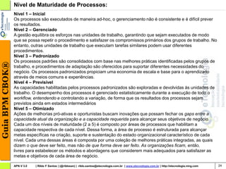 Nível de Maturidade de Processos:
                 Nível 1 – Inicial
                 Os processos são executados de maneira ad-hoc, o gerenciamento não é consistente e é difícil prever
                 os resultados.
                 Nível 2 – Gerenciado
                 A gestão equilibra os esforços nas unidades de trabalho, garantindo que sejam executados de modo
                 que se possa repetir o procedimento e satisfazer os compromissos primários dos grupos de trabalho. No
                 entanto, outras unidades de trabalho que executam tarefas similares podem usar diferentes
                 procedimentos.
                 Nível 3 – Padronizado
                 Os processos padrões são consolidados com base nas melhores práticas identificadas pelos grupos de
Guia BPM CBOK®




                 trabalho, e procedimentos de adaptação são oferecidos para suportar diferentes necessidades do
                 negócio. Os processos padronizados propiciam uma economia de escala e base para o aprendizado
                 através de meios comuns e experiências.
                 Nível 4 – Previsível
                 As capacidades habilitadas pelos processos padronizados são exploradas e devolvidas às unidades de
                 trabalho. O desempenho dos processos é gerenciado estatisticamente durante a execução de todo o
                 workflow, entendendo e controlando a variação, de forma que os resultados dos processos sejam
                 previstos ainda em estados intermediários
                 Nível 5 – Otimizado
                 Ações de melhorias pró-ativas e oportunistas buscam inovações que possam fechar os gaps entre a
                 capacidade atual da organização e a capacidade requerida para alcançar seus objetivos de negócio.
                 Cada um dos níveis de maturidade (2 a 5) é composto por áreas de processos que habilitam a
                 capacidade respectiva de cada nível. Dessa forma, a área de processo é estruturada para alcançar
                 metas específicas na criação, suporte e sustentação do estado organizacional característico de cada
                 nível. Cada uma dessas áreas é composta por uma coleção de melhores práticas integradas, as quais
                 dizem o que deve ser feito, mas não de que forma deve ser feito. As organizações ficam, então,
                 livres para estabelecer os métodos e abordagens que considerem mais adequados para satisfazer as
                 metas e objetivos de cada área de negócio.

                 APN V 3.0   | Rildo F Santos | (@rildosan) | rildo.santos@etecnologia.com.br | www.etecnologia.com.br | http://etecnologia.ning.com   24
 
