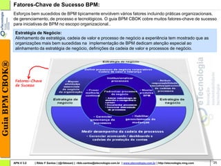 Fatores-Chave de Sucesso BPM:
                 Esforços bem sucedidos de BPM tipicamente envolvem vários fatores incluindo práticas organizacionais,
                 de gerenciamento, de processo e tecnológicos. O guia BPM CBOK cobre muitos fatores-chave de sucesso
                 para iniciativas de BPM no escopo organizacional..

                  Estratégia de Negócio:
                  Alinhamento de estratégia, cadeia de valor e processo de negócio a experiência tem mostrado que as
                  organizações mais bem sucedidas na implementação de BPM dedicam atenção especial ao
                  alinhamento da estratégia de negócio, definições da cadeia de valor e processos de negócio.
Guia BPM CBOK®




                  Fatores-Chave
                  de Sucesso




                 APN V 3.0   | Rildo F Santos | (@rildosan) | rildo.santos@etecnologia.com.br | www.etecnologia.com.br | http://etecnologia.ning.com   25
 