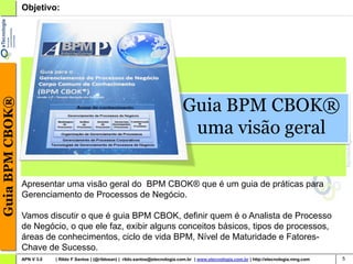 Objetivo:




                                                                                        Guia BPM CBOK®
Guia BPM CBOK®




                                                                                         uma visão geral

                 Apresentar uma visão geral do BPM CBOK® que é um guia de práticas para
                 Gerenciamento de Processos de Negócio.

                 Vamos discutir o que é guia BPM CBOK, definir quem é o Analista de Processo
                 de Negócio, o que ele faz, exibir alguns conceitos básicos, tipos de processos,
                 áreas de conhecimentos, ciclo de vida BPM, Nível de Maturidade e Fatores-
                 Chave de Sucesso.
                 APN V 3.0   | Rildo F Santos | (@rildosan) | rildo.santos@etecnologia.com.br | www.etecnologia.com.br | http://etecnologia.ning.com   5
 