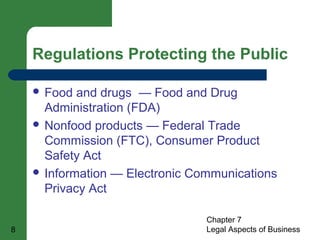 Regulations Protecting the Public 
 Food and drugs — Food and Drug 
Administration (FDA) 
 Nonfood products — Federal Trade 
Commission (FTC), Consumer Product 
Safety Act 
 Information — Electronic Communications 
Privacy Act 
Chapter 7 
8 Legal Aspects of Business 
 