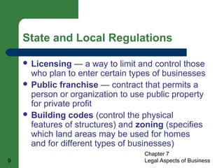 State and Local Regulations 
 Licensing — a way to limit and control those 
who plan to enter certain types of businesses 
 Public franchise — contract that permits a 
person or organization to use public property 
for private profit 
 Building codes (control the physical 
features of structures) and zoning (specifies 
which land areas may be used for homes 
and for different types of businesses) 
Chapter 7 
9 Legal Aspects of Business 
 