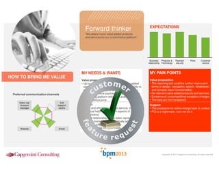 Forward thinker

EXPECTATIONS

“We desire more value added products
and services for our e-commerce platform”

Business Products &
relationship Technology

Payment
security

Price

Customer
service

MY NEEDS & WANTS

HOW TO BRING ME VALUE

Preferred communication channels
Sales rep/
Account
manager

Call
support
centre

Website

Email

MY PAIN POINTS

Value proposition
• Up-to-date product solutions and value added
services for e-commerce, including the ability to
process different cards and currency transfer
• Up-to-date online payment processing security
• A reporting platform with clear analysis tools
• A competitive price

Value proposition
• The reporting tool could be further improved in
terms of design, navigation, search, breakdown,
and (simple) report functionalities
• No relevant value-added products and services
• Existence of (uncompetitive) exception charges
• The fees are not transparent

Support
• Quick and efficient customer service, including
technical help to implement aspects of
e-commerce
• A good relationship with a sales representative /
account manager who proactively advises on
new ways to grow my business
• Quick response on my e-mails

Support
• The procedure for online charge back is unclear
• PCI is a nightmare. I can not do it.

Copyright © 2013 Capgemini Consulting. All rights reserved.

 