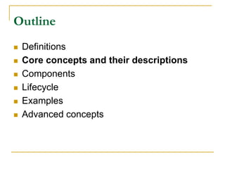 Outline
 Definitions
 Core concepts and their descriptions
 Components
 Lifecycle
 Examples
 Advanced concepts
 