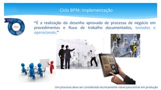 Ciclo BPM: Implementação
Um processo deve ser considerado tecnicamente viável para entrar em produção
“É a realização do desenho aprovado de processo de negócio em
procedimentos e fluxo de trabalho documentados, testados e
operacionais.”
 