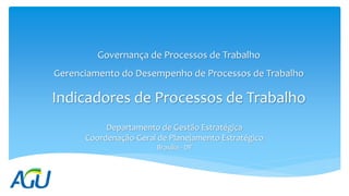 Departamento de Gestão Estratégica
Coordenação-Geral de Planejamento Estratégico
Brasília - DF
Governança de Processos de Trabalho
Gerenciamento do Desempenho de Processos de Trabalho
Indicadores de Processos de Trabalho
 