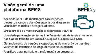 Visão geral de uma
plataforma BPMS
Agilidade para ir da modelagem à execução de
processos, casos e decisões a partir dos diagramas
visuais em modelos e notações abertos.
Orquestração de microserviços e integrações via APIs.
Liberdade para implementar as interfaces da lista de tarefas humanas
nas filas de trabalho em várias linguagens e dispositivos (UX).
Gerenciamento de versões e capacidades de migração de grandes
volumes de instâncias de longa duração em execução.
Analíticos para melhoria e transformação de processos.
BPMS
 