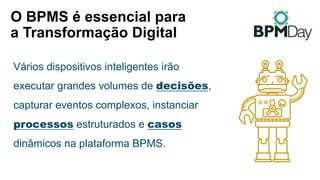 Vários dispositivos inteligentes irão
executar grandes volumes de decisões,
capturar eventos complexos, instanciar
processos estruturados e casos
dinâmicos na plataforma BPMS.
O BPMS é essencial para
a Transformação Digital
 