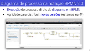 Diagrama de processo na notação BPMN 2.0 
• Execução do processo direto da diagrama em BPMN 
• Agilidade para distribuir n...
