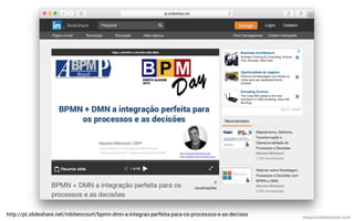 mauriciobitencourt.com
http://pt.slideshare.net/mbitencourt/bpmn-dmn-a-integrao-perfeita-para-os-processos-e-as-decises
 