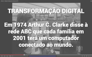 mauriciobitencourt.comhttps://www.youtube.com/watch?v=OIRZebE8O84
TRANSFORMAÇÃO DIGITAL
Em 1974 Arthur C. Clarke disse à
rede ABC que cada família em
2001 terá um computador
conectado ao mundo.
 